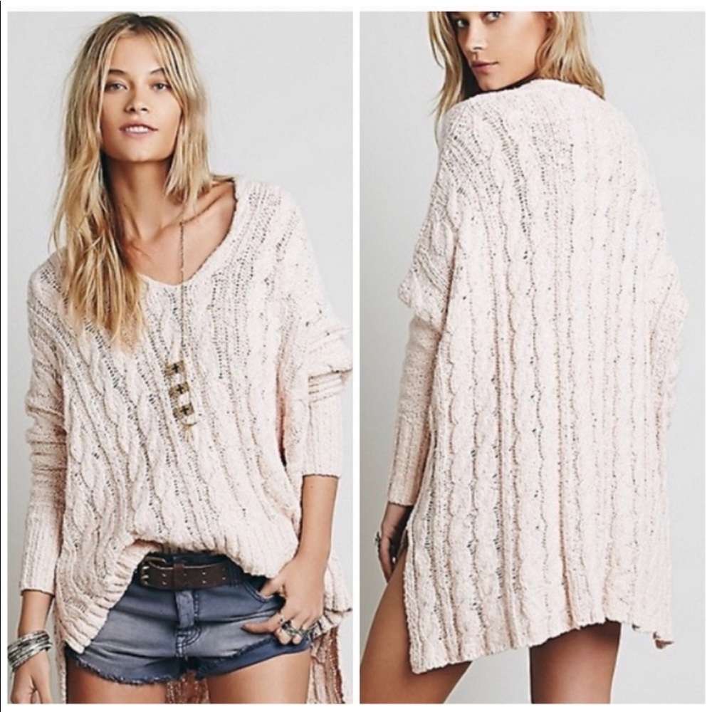 Free people easy cable knit v neck sweater pullover pink tunic small